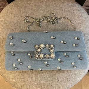 Boston Proper Light Blue Denim Pearl-Embellished Clutch with Chain